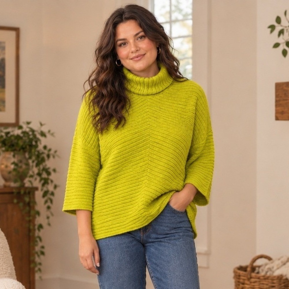 Moth Anthropologie Tisbury Turtleneck Sweater Women Ribbed Chartreuse Yellow Lg